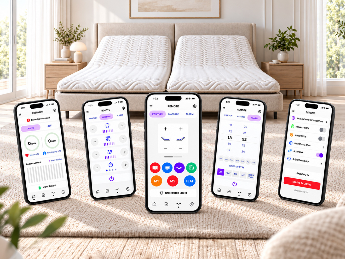 Partner app screens for bed controls and overnight sleep information