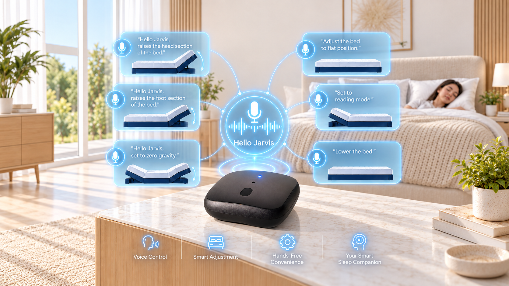 Jarvis voice controller with illustrations of adjustable bed positions