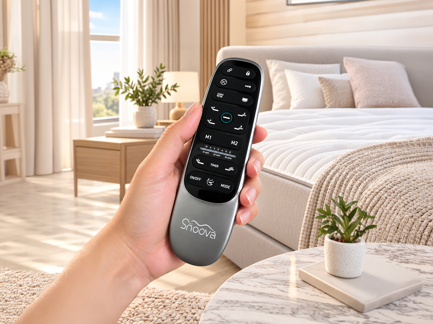 Handheld adjustable bed remote in a light, comfortable bedroom